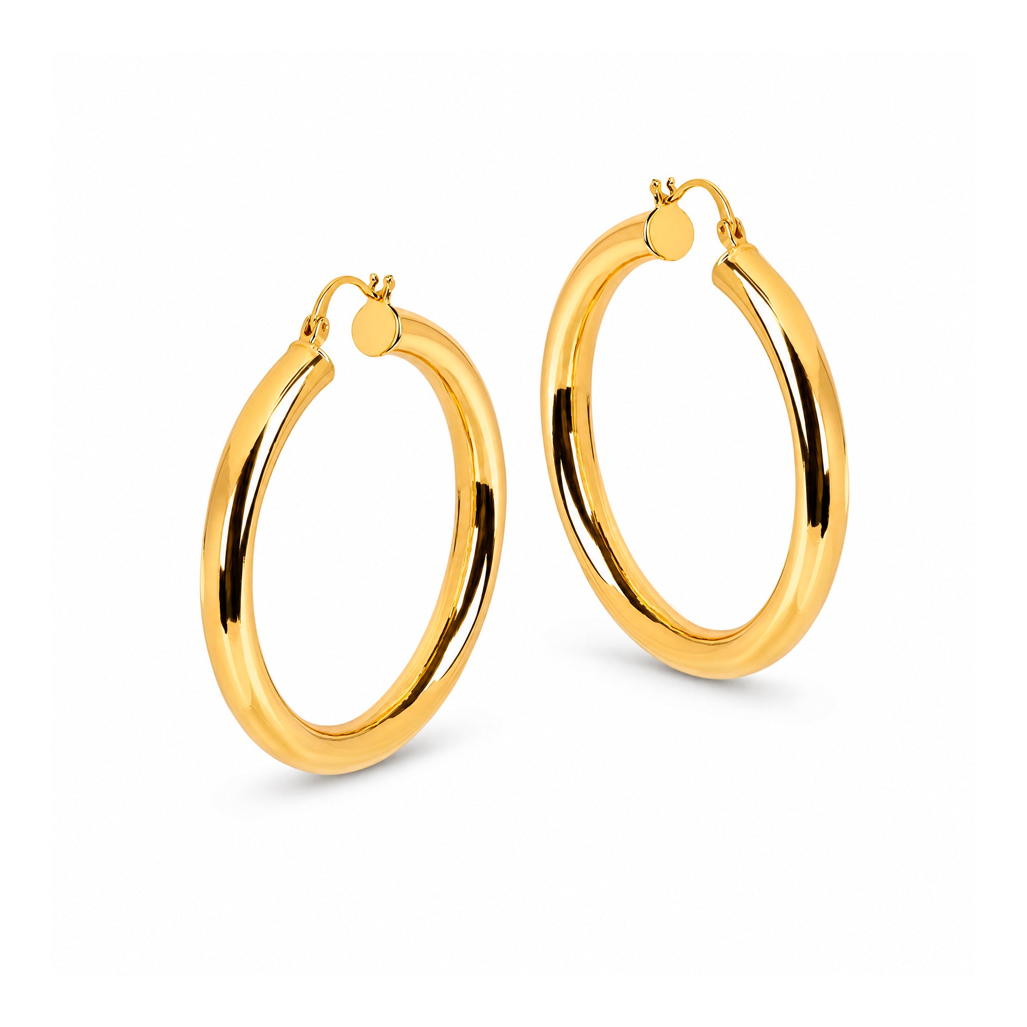 A pair of polished yellow gold hoop earrings on a clean white background.