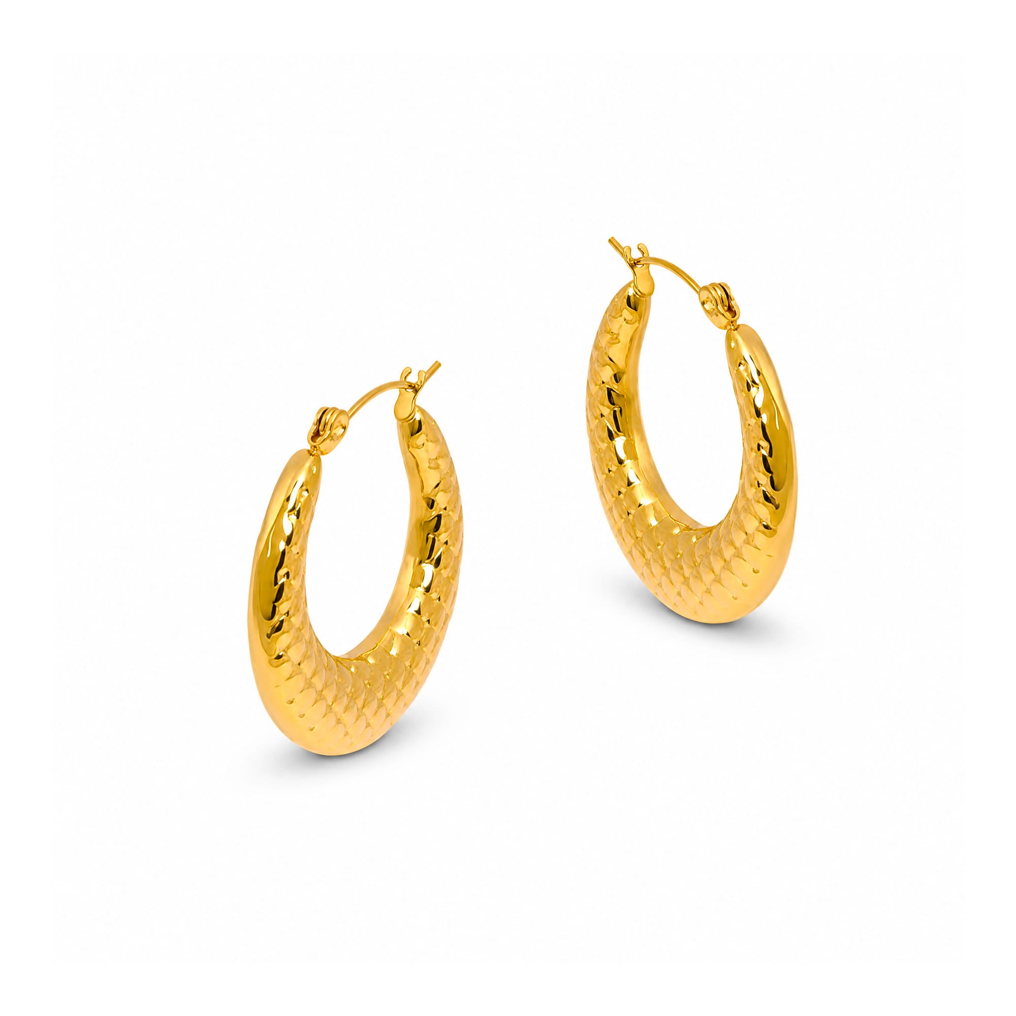 A pair of textured gold hoop earrings with a hammered finish and fishhook backings, displayed on a clean white background.