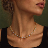 A close-up of a woman wearing a delicate gold chain necklace with oval iridescent white stones, set against a dark olive green background.