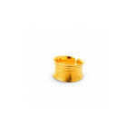 A gold-toned metal ring with a textured, ribbed spiral design, shown on a plain white background.