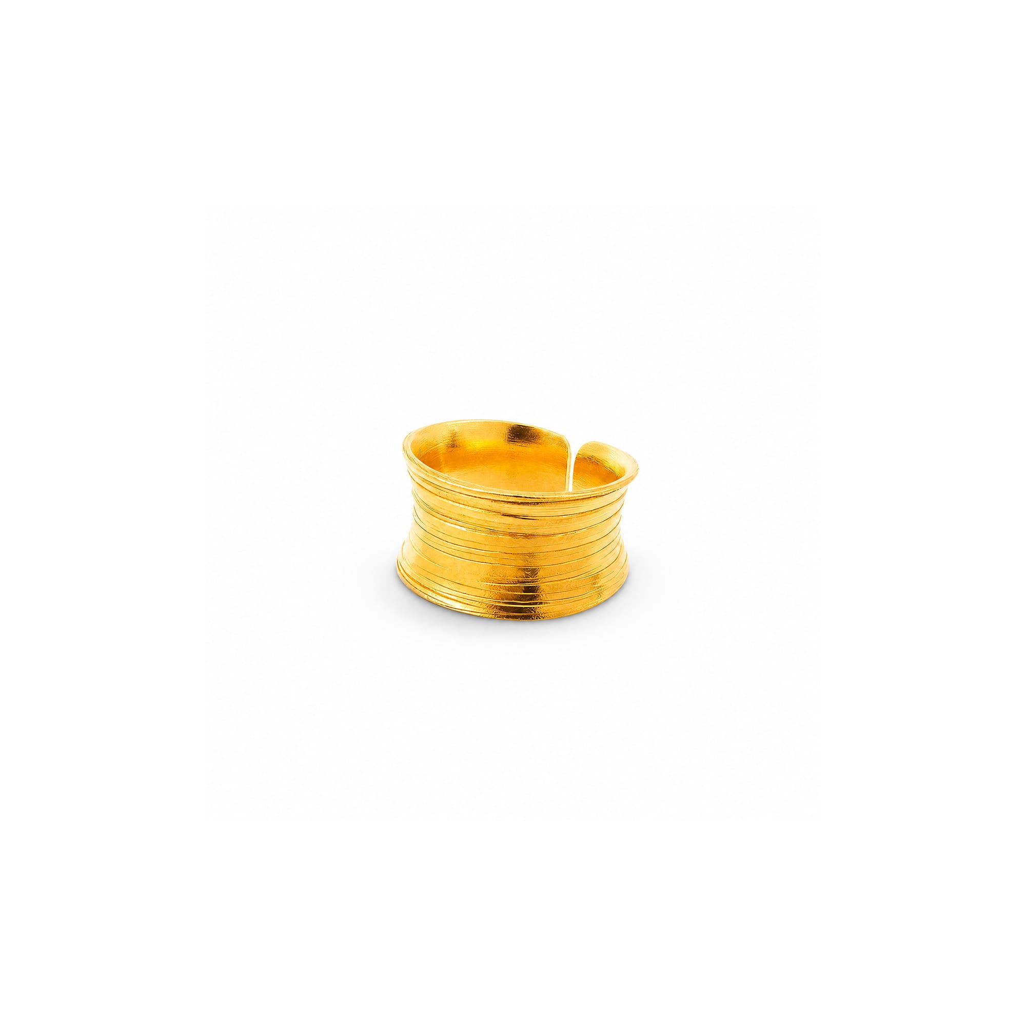 A gold-toned metal ring with a textured, ribbed spiral design, shown on a plain white background.