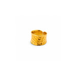A textured gold ring with a hammered finish and an open split design, shown on a plain white background.