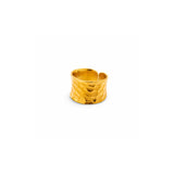 A textured gold ring with a hammered finish and an open split design, shown on a plain white background.