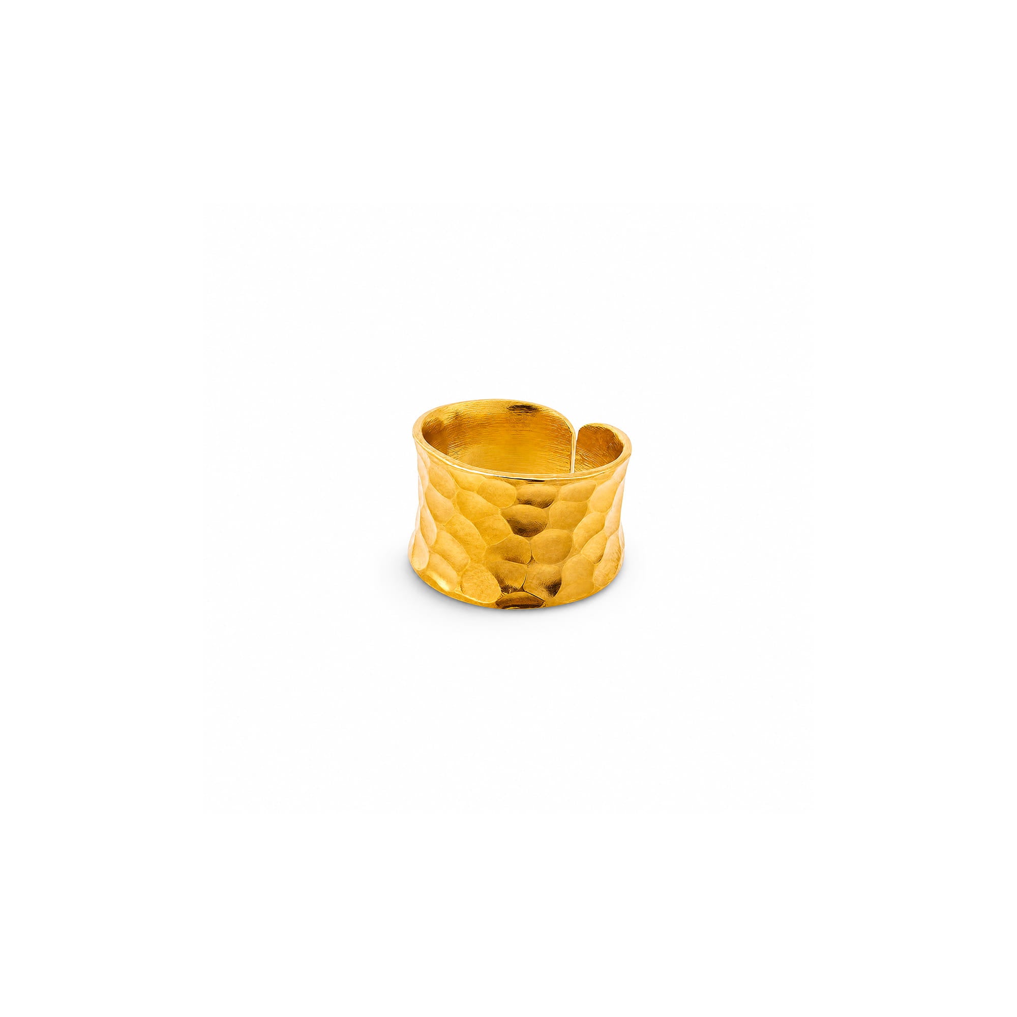 A textured gold ring with a hammered finish and an open split design, shown on a plain white background.
