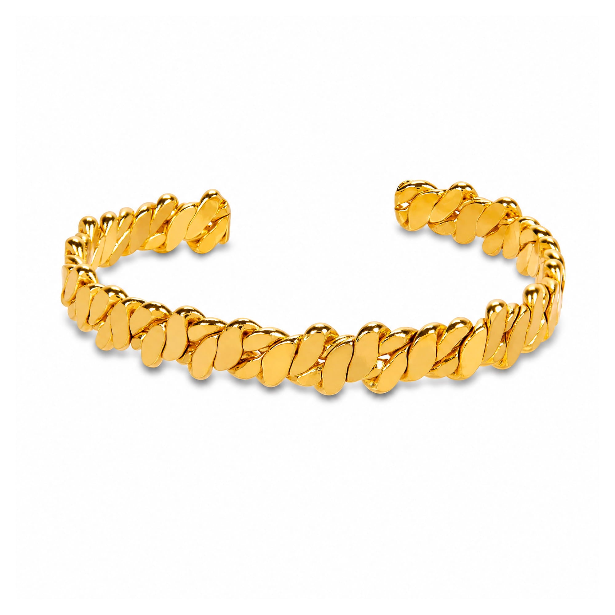 A polished gold-toned metal cuff bracelet with a textured, ridged open design, displayed on a clean white background.