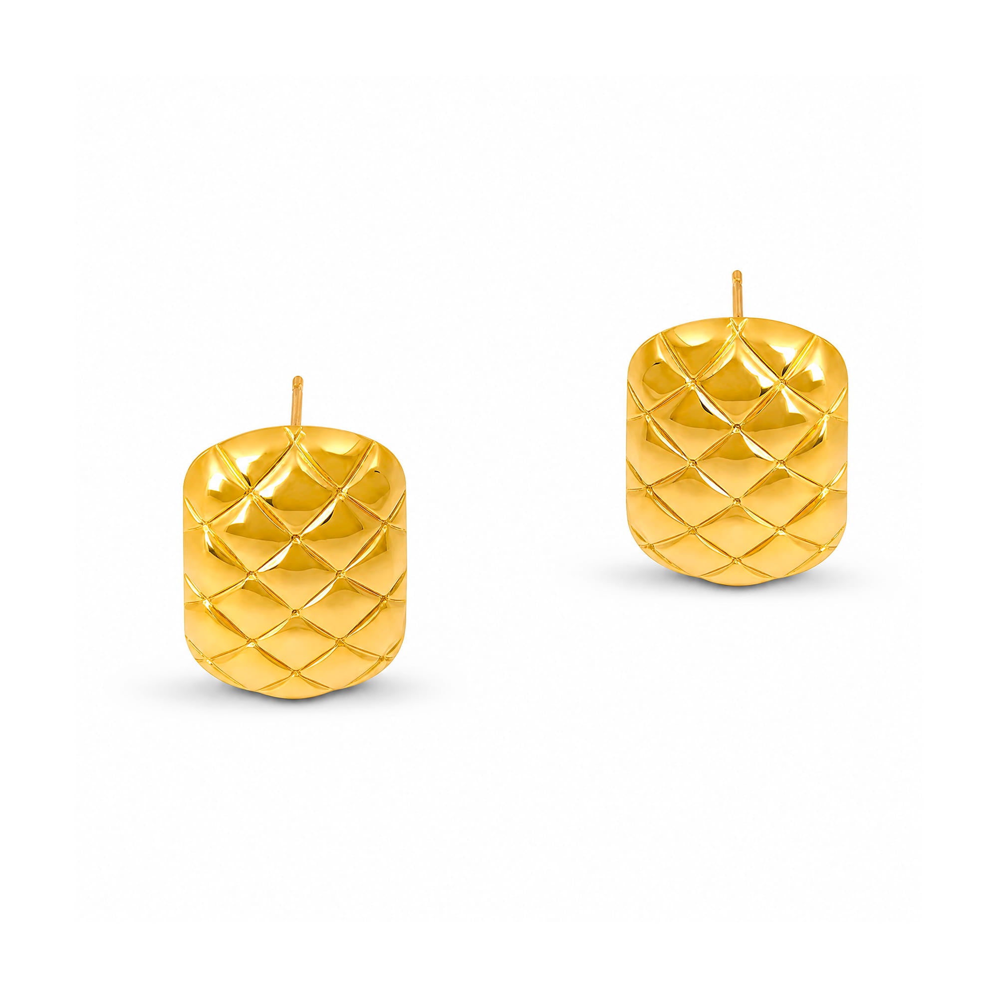 A pair of gold stud earrings with a textured, quilted diamond pattern, shown on a clean white background.
