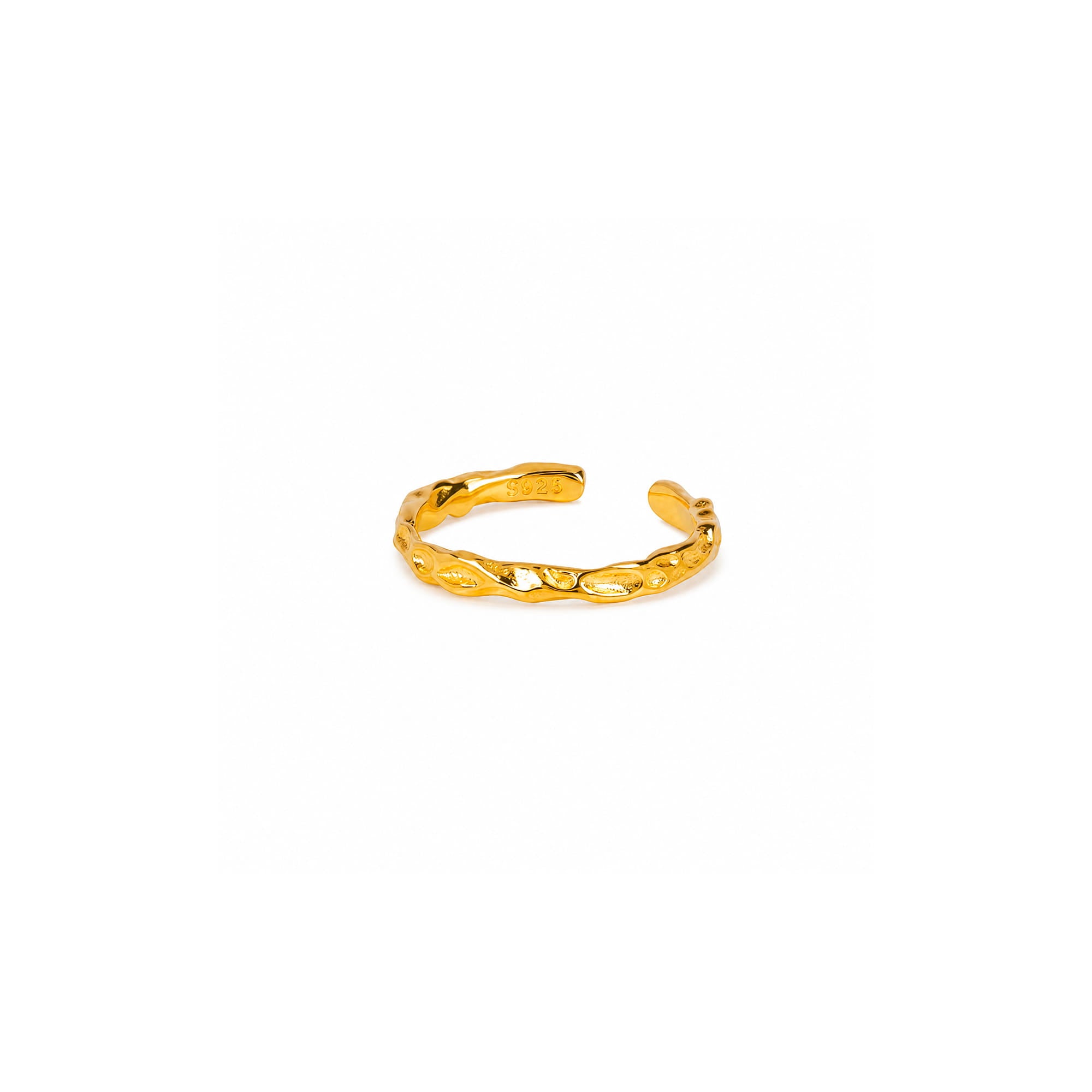 A textured gold open cuff ring with a twisted, organic chain-like design, shown on a plain white background.