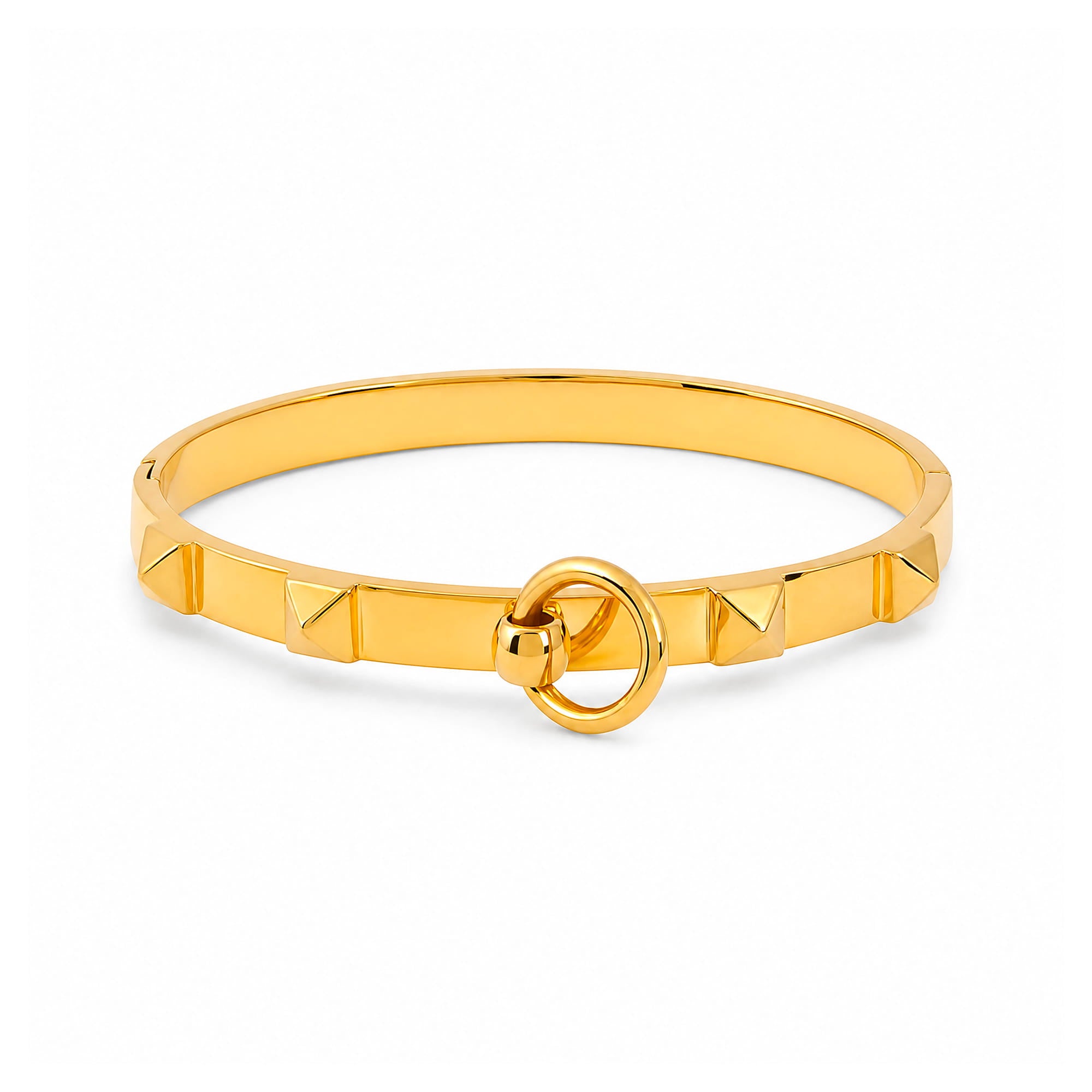 A polished gold bangle bracelet with a signature pyramid and ring design, shown on a clean white background.