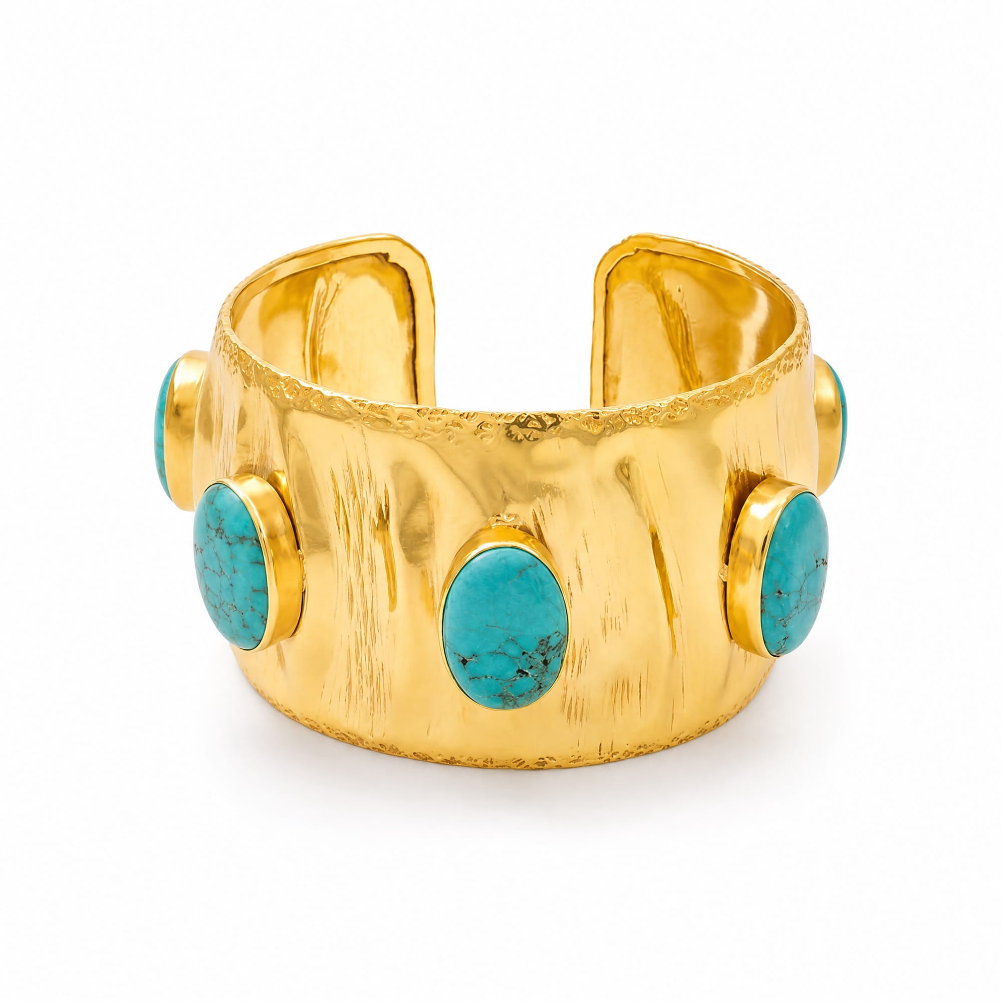A wide gold cuff bracelet featuring five oval turquoise stone accents set in gold bezels, photographed on a clean white background.