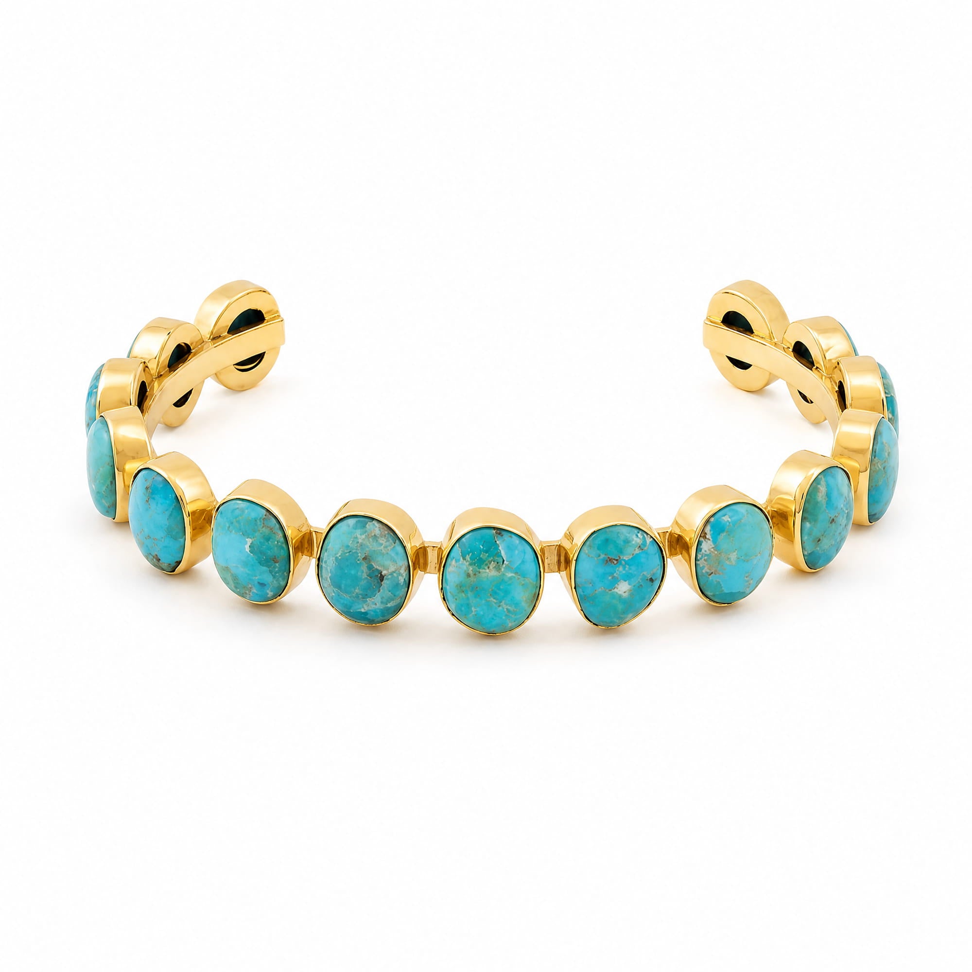 A gold cuff bracelet featuring a row of oval turquoise stones, set against a clean white background.