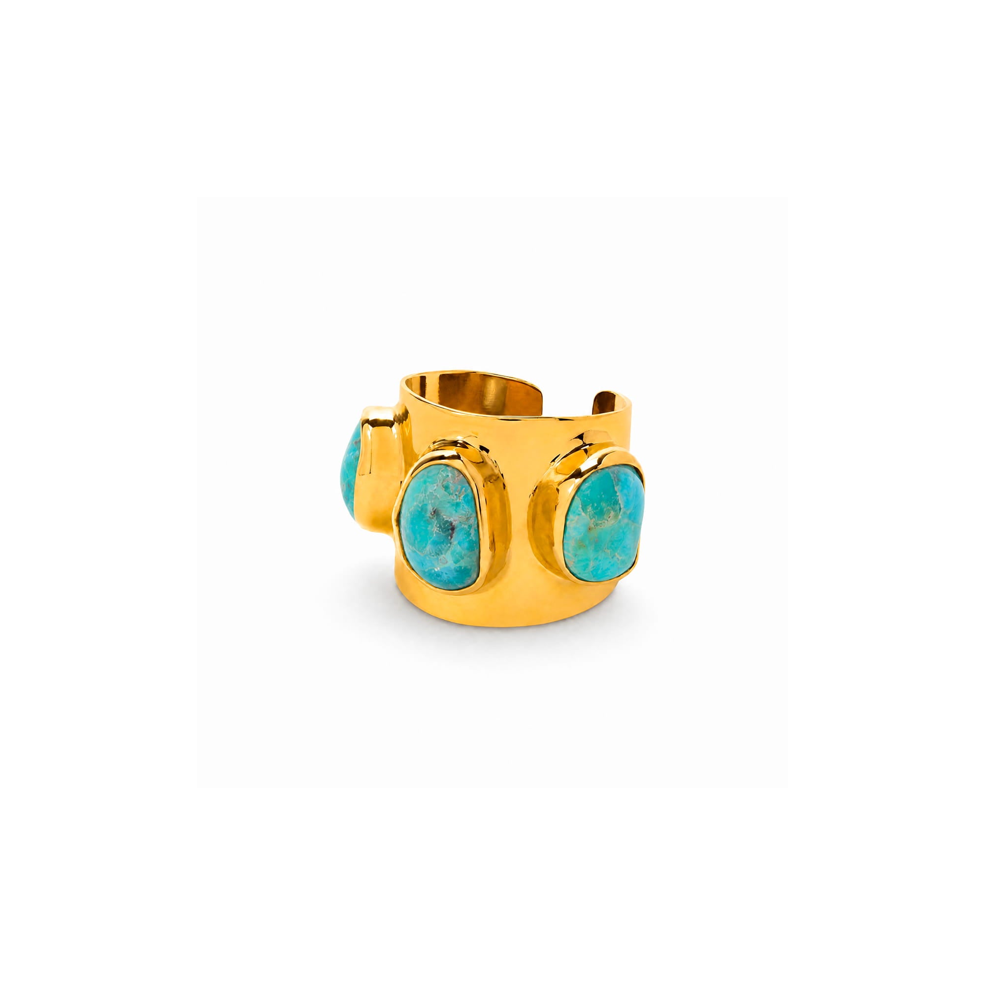 A wide gold cuff ring featuring three large, bezel-set oval turquoise stones, shown on a clean white background.