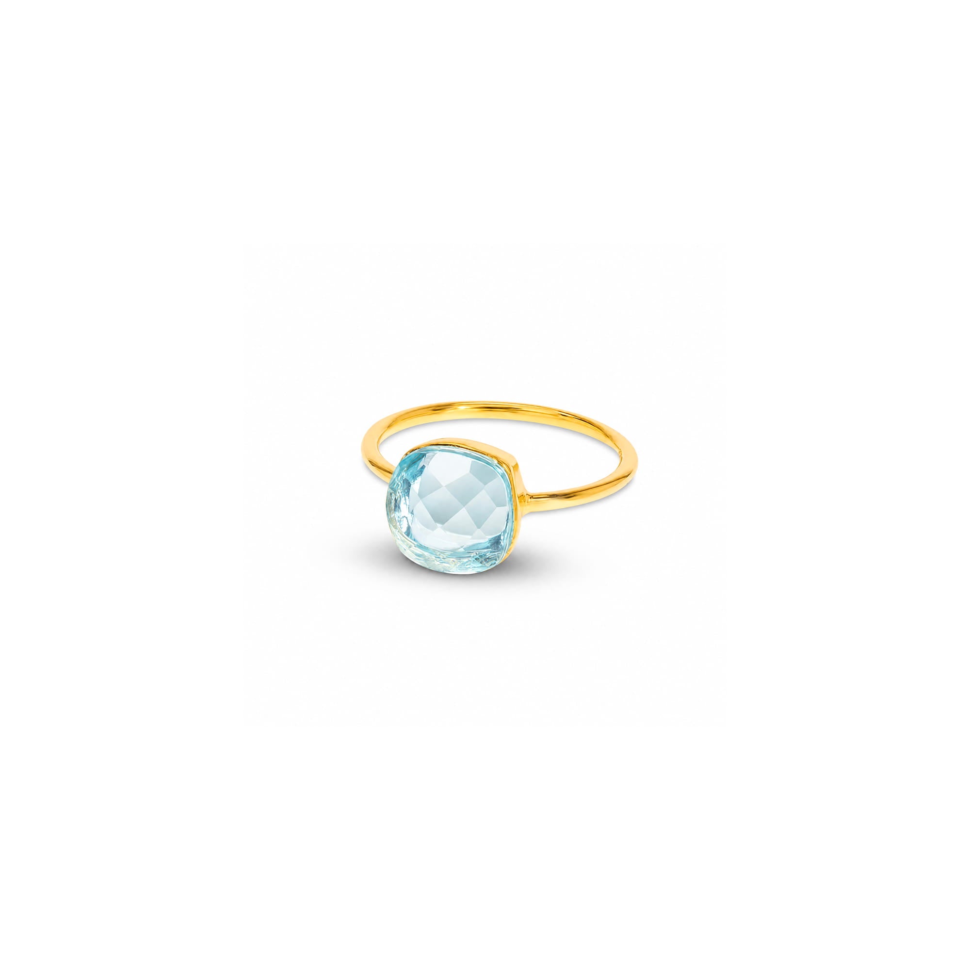 A gold ring with a cushion-cut light blue faceted gemstone, shown on a plain white background.