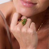 The Sophia Red Garnet Gold Ring is embellished with a raised and faceted vintage red&nbsp; gemstone. This sustainable 18k Gold Vermeil jewellery piece is best paired with the same style ring with different gemstones.