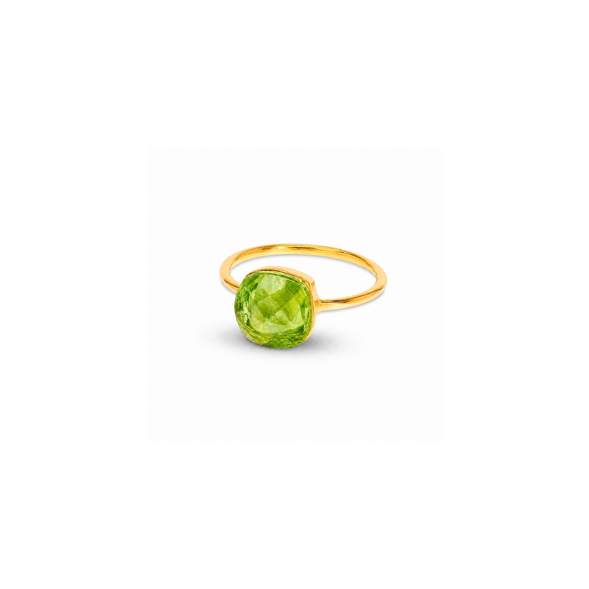 A yellow gold ring featuring a round, faceted green gemstone, shown on a plain white background with a soft shadow.