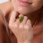 The Sophia Peridot Gold Ring is embellished with a raised and faceted natural green gemstone. This sustainable 18k Gold Vermeil jewellery piece is best paired with the same style ring with different gemstone colours.