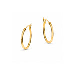 A pair of polished yellow gold hoop earrings shown on a clean white background.