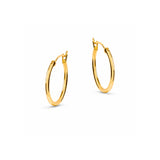 A pair of polished yellow gold hoop earrings shown on a clean white background.