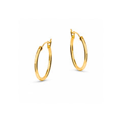 A pair of polished yellow gold hoop earrings shown on a clean white background.