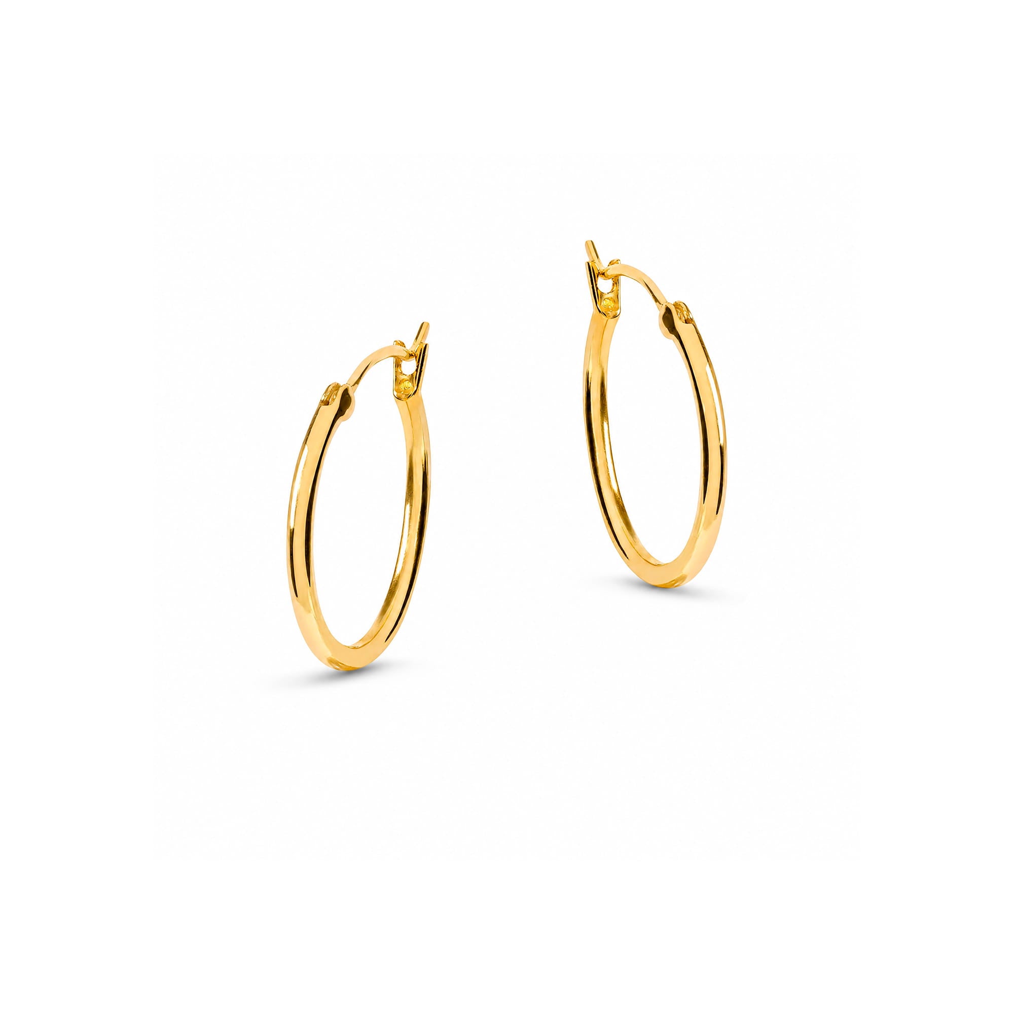 A pair of polished yellow gold hoop earrings shown on a clean white background.