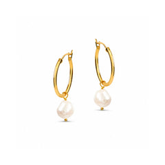 A pair of gold hoop earrings with a dangling baroque pearl, shown on a clean white background.
