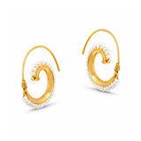 A pair of gold hoop earrings decorated with white baroque pearls along the outer edges, shown on a clean white background.