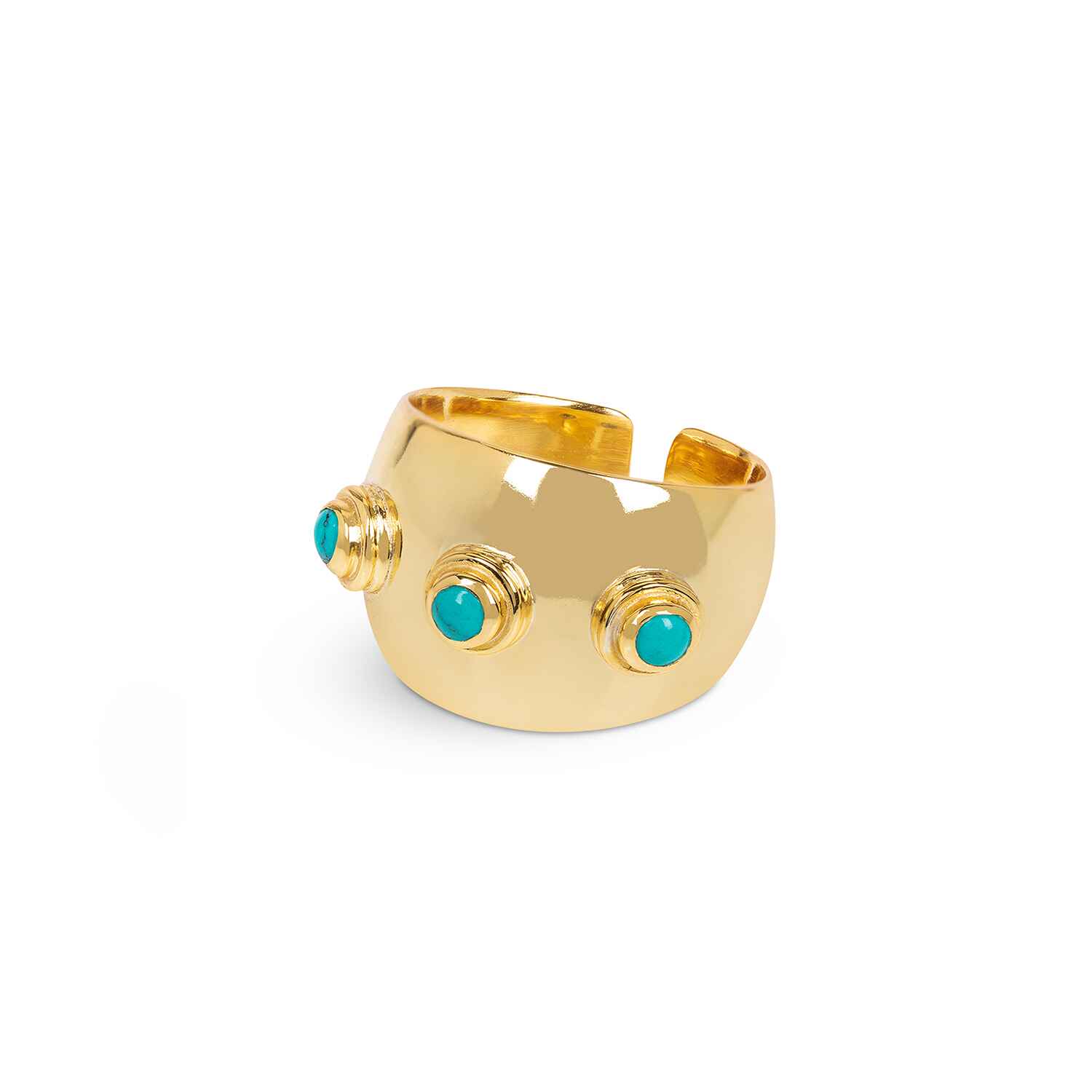 Make a bold statement with the Aurora Gold and Turquoise ring. Fully size adjustable, this stunning round ring is adorned with vintage turquoise gemstones.&nbsp;