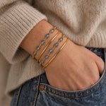 A close-up of a person's wrist wearing three stacked gold bracelets, including two with small iridescent blue-green oval stones, paired with a beige knit sweater and blue jeans.