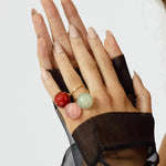 The Bubble Red Onyx Ring features a stunning pre-loved round and faceted gemstone. Handmade with recycled materials this unique ring will add a pop of colour to any outfit.